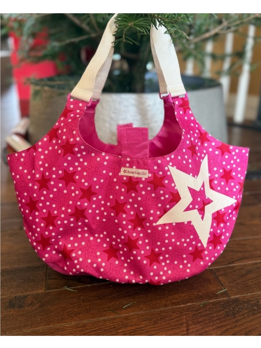 American Girl Hot Pink Star Print Tote with Cream Handles